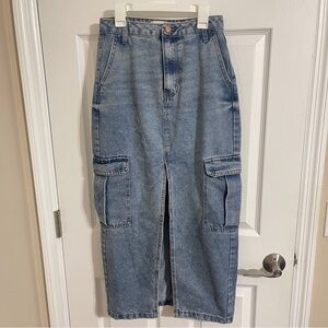 Love, Fire Blue Denim Cargo Skirt with front split Size 3